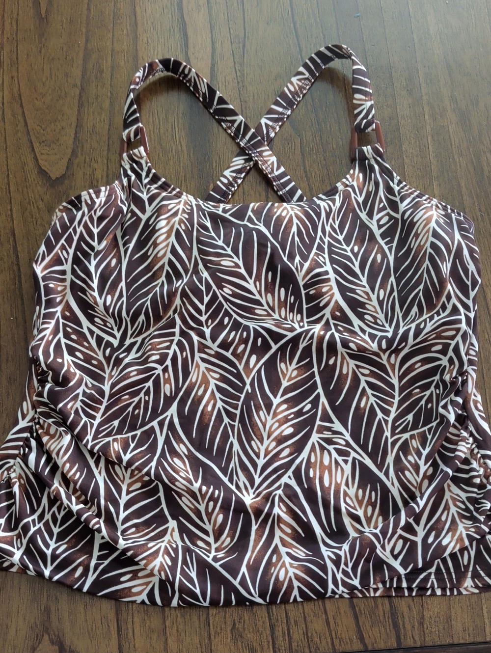 Lands' End Brown and White Leaf-Print Swim Tankini Top
